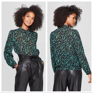 NWT Green Floral Long Sleeve Collared Blouse